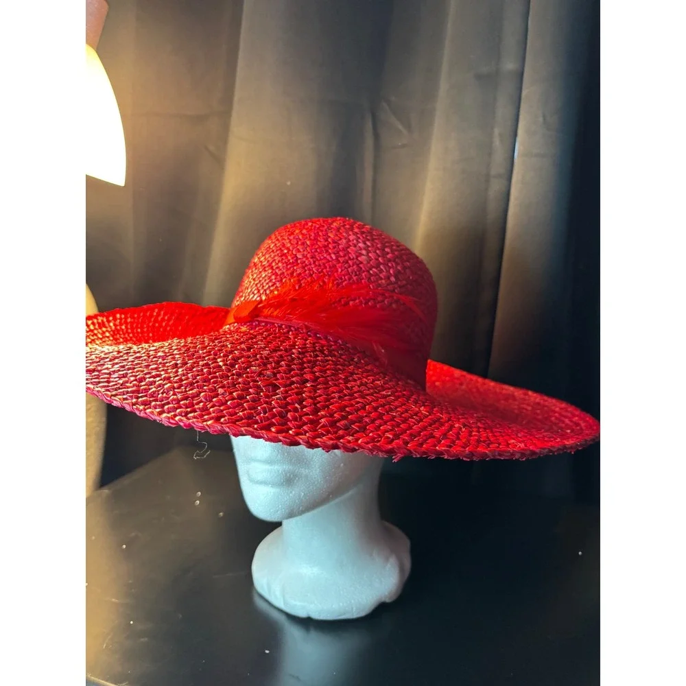 Vintage Red Woven Straw Wide Brim Sun Hat with Feather Detail Floppy Derby Hat
